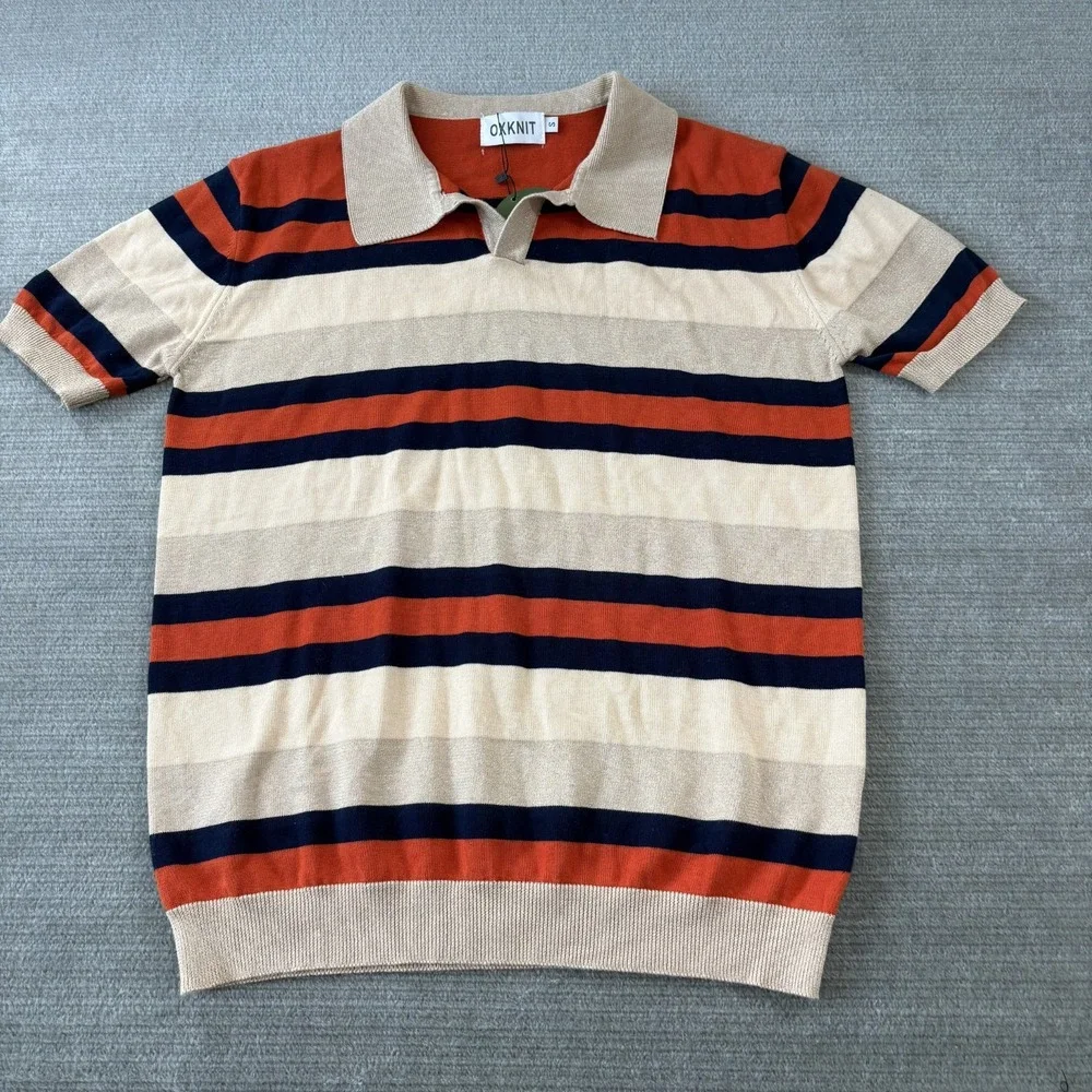 Oxknit Polo Sweater Men S Striped Beige Blue Striped Collar Retro 70s Knit